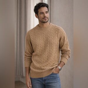 Lands’ End Tall Cable Knit Sweater Men’s Large Tall Tan Merino Wool Blend